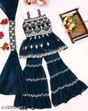 Dark Blue Embellished Georgette Kurta and Sharara Set for Girls Partywear
