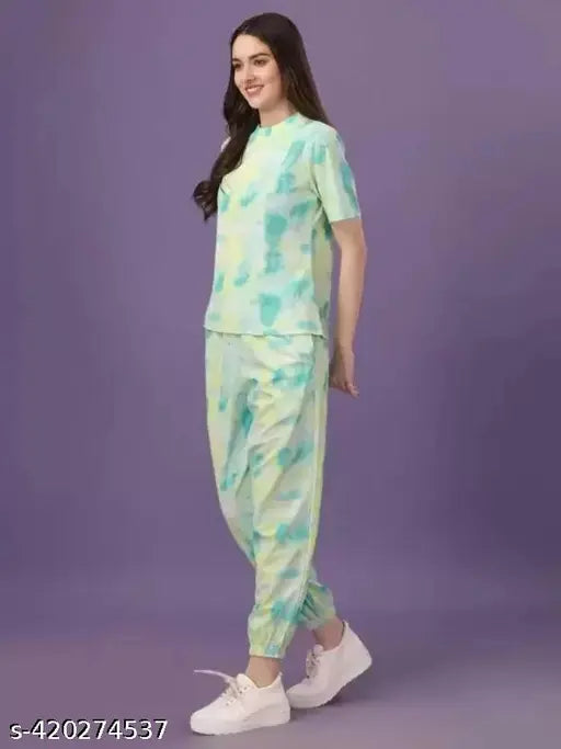 Multicolor tie-dye cotton blend nightgown set for women, unique design with 2 quantities (pyjama & t-shirt)