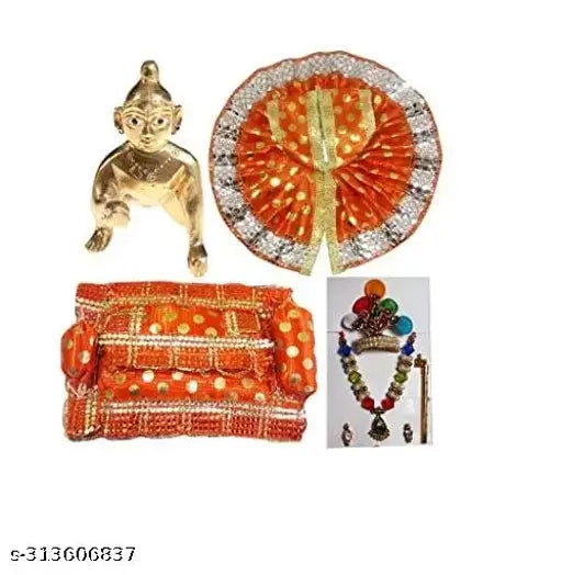 Yellow-red metal Krishna idol, Sikarwar Traders Laddu Gopal decorative showpiece, size 2 with poshak or gadda & mukut set, 9 cm tall