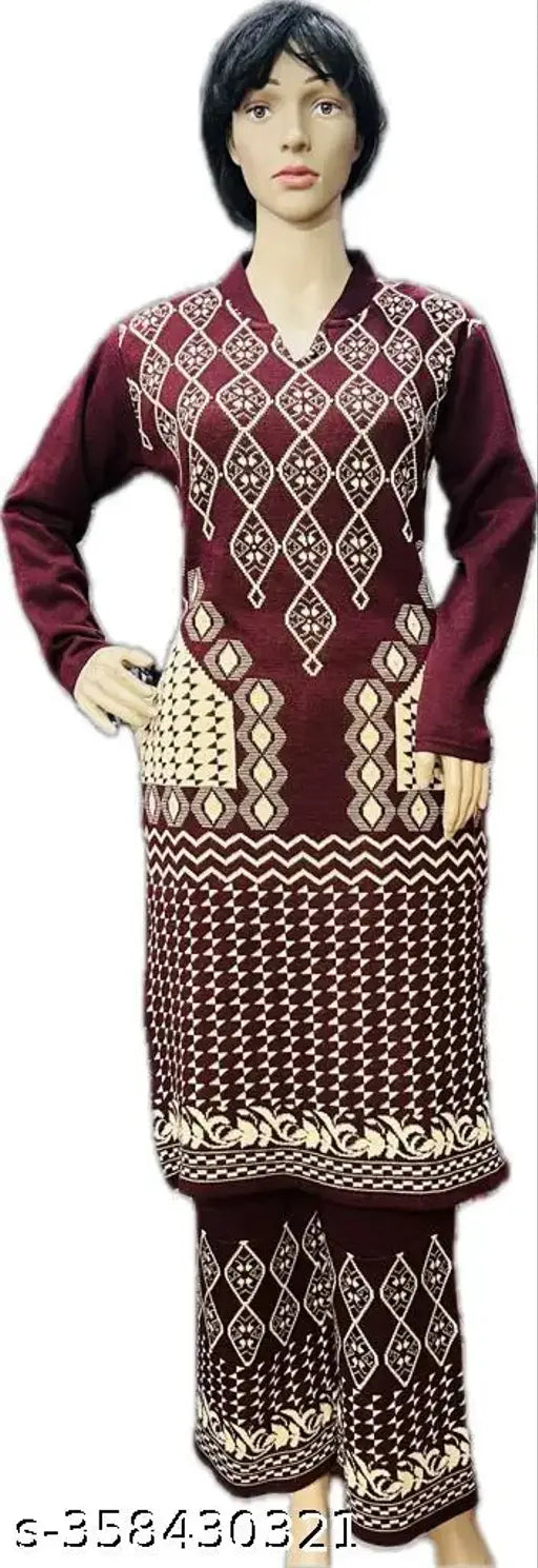 Maroon wool jacquard Kurti Palazzo set, printed net pattern on free size Indian clothing