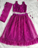 Embellished net lehengha choli for kids, attractive Indian attire with sleeveless design and stitched detailing
