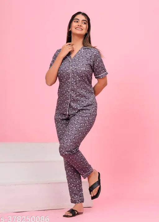Women's rayon printed night suit - short sleeve top & pyjama bottom set, vibrant print design on both fabrics, high-quality rayon material from Dizon, made in India (XL: bust 42in, length 28in; waist 34in, length 38in; XXL: bust 44in, length 28in; waist 36in, length 38in)