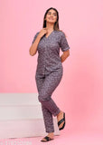 Women's rayon printed night suit - short sleeve top & pyjama bottom set, vibrant print design on both fabrics, high-quality rayon material from Dizon, made in India (XL: bust 42in, length 28in; waist 34in, length 38in; XXL: bust 44in, length 28in; waist 36in, length 38in)