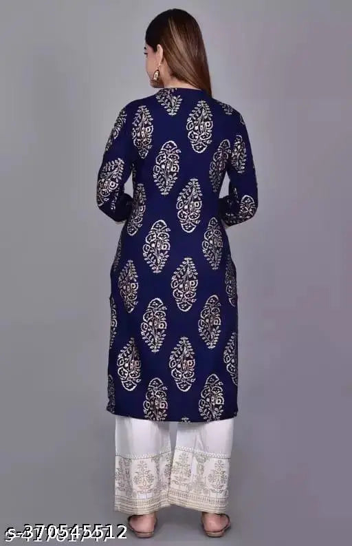 Blue gold printed rayon kurta set with palazzos, stylish and elegant for women