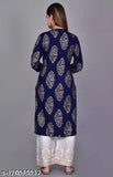 Blue gold printed rayon kurta set with palazzos, stylish and elegant for women