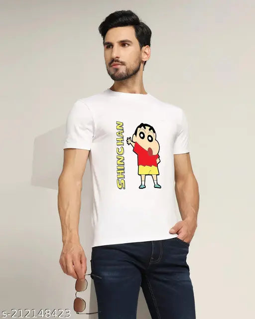 White Shi Chan big Shinchan graphic print round neck T-shirt, polyester, perfect for fashion-forward men, bio-washed, made in India