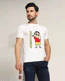 White Shi Chan big Shinchan graphic print round neck T-shirt, polyester, perfect for fashion-forward men, bio-washed, made in India