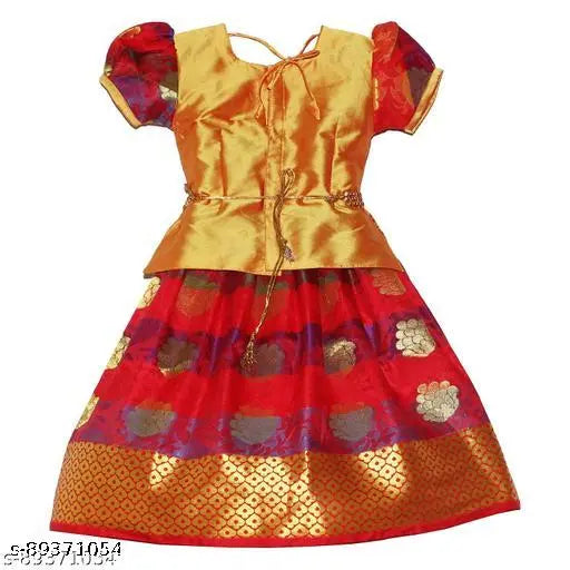 Cotton-silk kids' Madhura Pattu Pavadai with waist belt, traditional floral design, available in various sizes for festivals and parties. Made in India