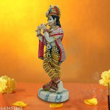 10cm x 29cm Poly Resin Krishna Idol with white marble finish, adorned with multicolor stones, for Puja gift from India