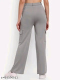 Grey cotton blend cargo pants for girls, offering a modern, sleek silhouette with slim fit design for easy movement. Made in India