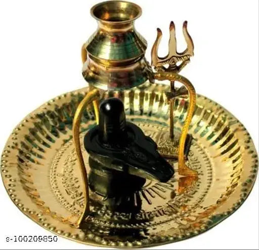 Brass black Shivling Shiva figurine with brass plate, kalash & stand, decorative trishul idols for home or temple
