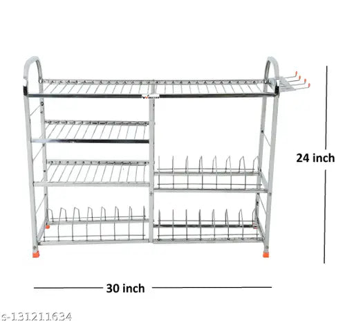 Stainless steel kitchen dish rack, 4-layer wall mount, plate & cutlery stand, 24x30 lower plate design