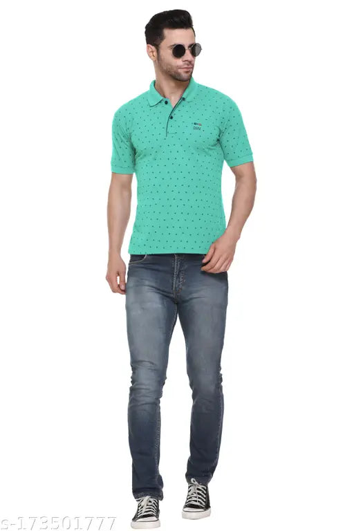 Mintgreen cotton blend polo neck t-shirt for men, Rytonz exclusive printed design on short sleeves