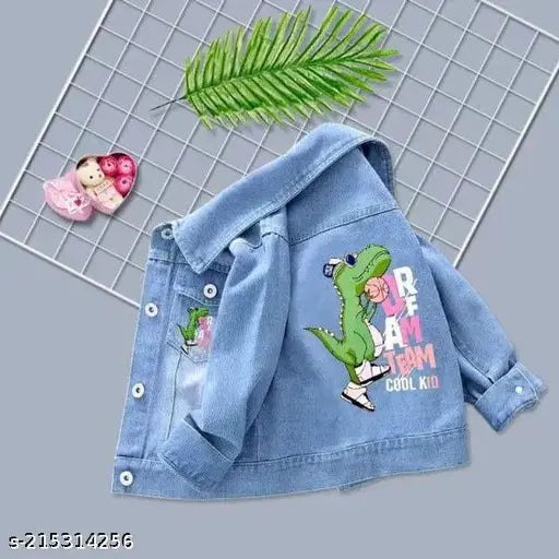 Denim jacket with happy dinosaur design, dyed/washed fabric for kids aged 3-8 years