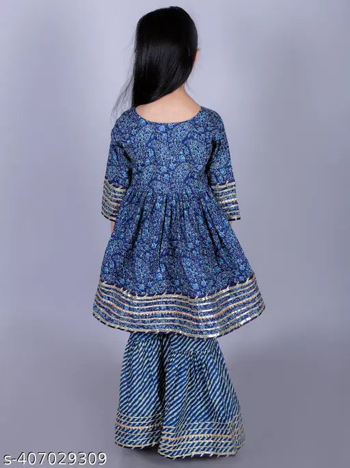 Navy Blue Cotton Floral Paisley Print Anarkali/Flared Kurta & Sharara Set for Girls, intricate embellishments, floral paisley print, special occasions, Indian ethnic wear, sizes 2-14 years