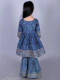 Navy Blue Cotton Floral Paisley Print Anarkali/Flared Kurta & Sharara Set for Girls, intricate embellishments, floral paisley print, special occasions, Indian ethnic wear, sizes 2-14 years