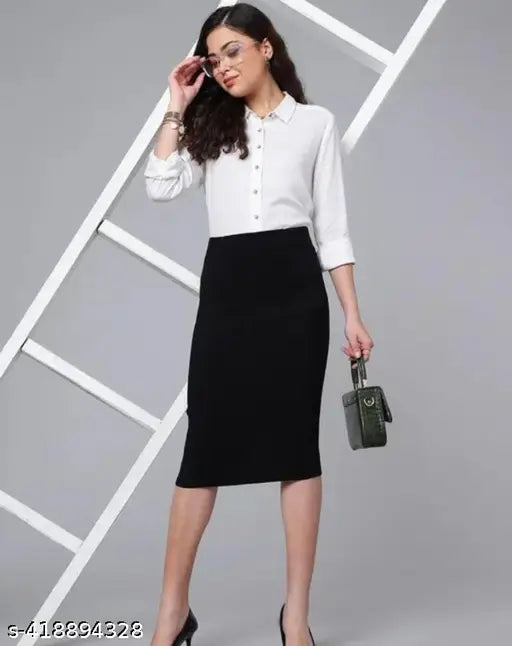 Black polycotton pencil skirt for women, semi-formal, knee-length, versatile styling, machine washable