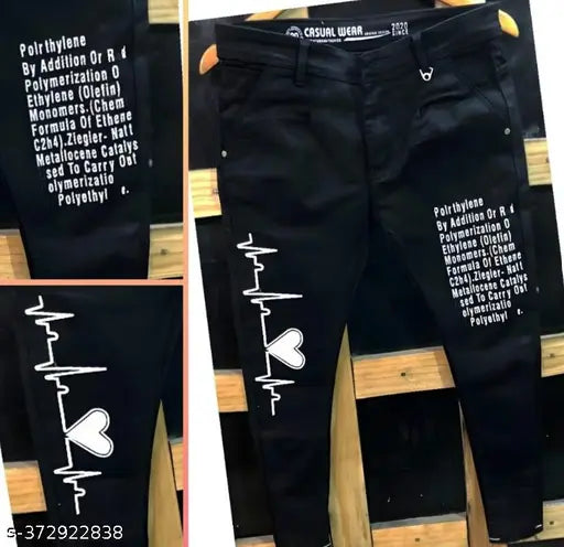 Latest small heart jeans, men's slim fit denim solid black jeans with placement print, size 28 or 30, made in India