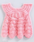 Handmade pink acrylic crochet baby frock with floral pattern, self-designed net, suitable for newborns to 3-4 years old. Made in India