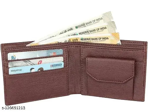 Brown PU two-fold wallet for men and boys. Solid design, 5 compartments, lightweight with textured body, 3 card slots, hidden pockets, cash compartments, and coin pocket. Durable accessory for gifting