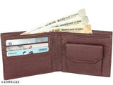 Brown PU two-fold wallet for men and boys. Solid design, 5 compartments, lightweight with textured body, 3 card slots, hidden pockets, cash compartments, and coin pocket. Durable accessory for gifting