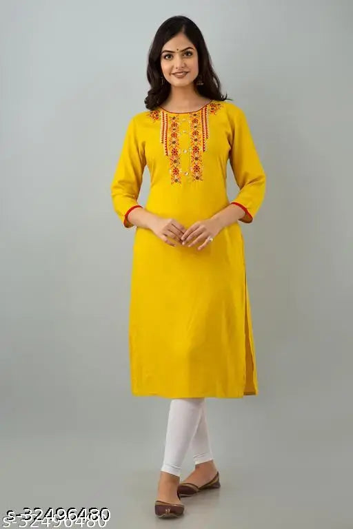 Rayon embroidered straight kurti with three-quarter sleeves, single size S (36in bust, 46in length), Indian fashion clothing