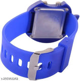 Digital watch with blue casing, black band, and white face, featuring LED display