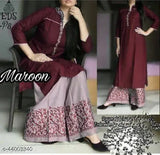 Rayon festival special Aagyeyi petite women's kurta set with palazzos, solid color and three-quarter sleeves, available in M, L, XL, XXL sizes from India