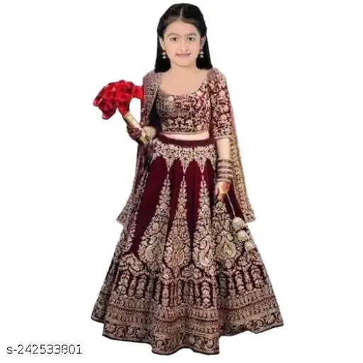 Velvet embroidered lehenga cholis for kids, unstitched net dupatta, traditional Indian wear for functions and festivals