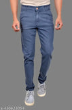 Dark blue denim jeans with distressed knee, cropped leg length