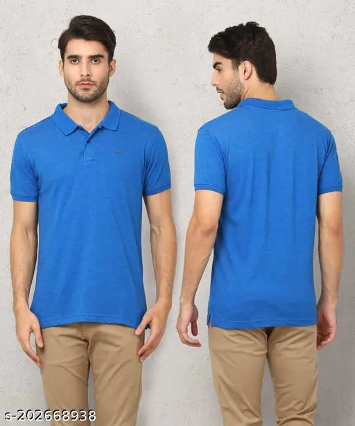 Sky Blue Cotton Blend Men's Polo T-Shirt - Regular fit, short sleeves, solid design, M/L/XL sizes from India