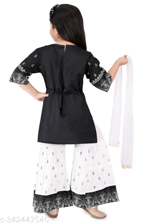Rayon ethnic printed kurta Sarara set with dupatta for girls, featuring three-quarter sleeves and sharara bottoms. Indian fashion for kids aged 2-10