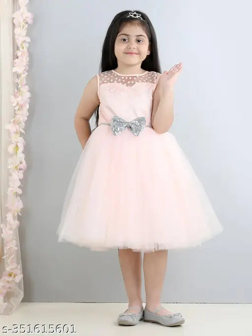 Peach foil print net knee-length dress for kids' parties, dusty rose color and sleeveless design