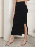 The image depicts a sleek, black midi skirt with an elastic waistband, perfect for a pencil body shape