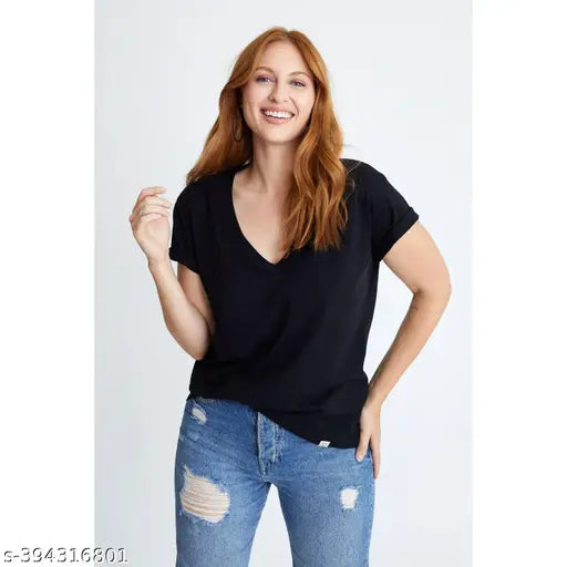 Solid black viscose t-shirt for women, stylish short sleeves in M or L from India