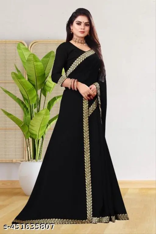Black Georgette Maharani Lace Saree with Separate Silk Blouse, intricate lace border design