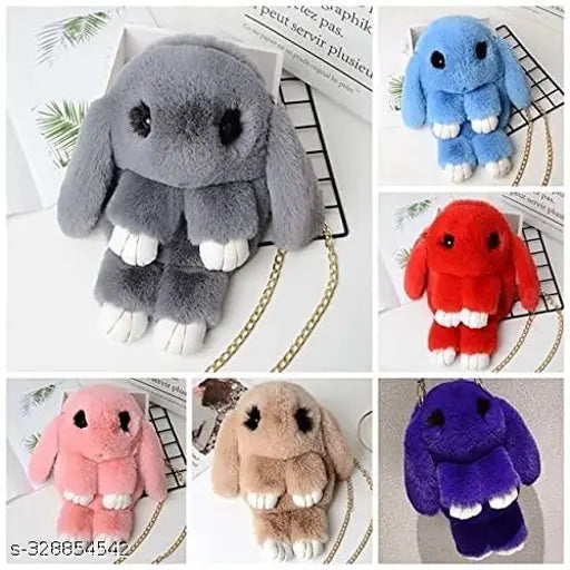 Multi-colored soft sling bag with plush rabbit design, featuring a chain for travel, perfect accessory for girls