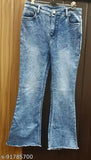 Blue acid wash jeans with flared legs and visible stitching detail