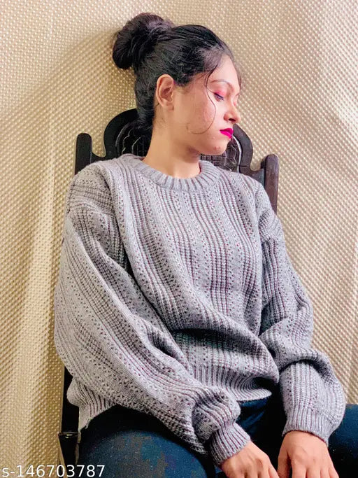 Grey striped wool sweater for women - trendy, cold winter essential, suitable for ladies and girls
