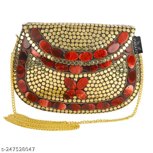 Gold and red metal embellished clutch, party bag, sling bag with gold chain strap