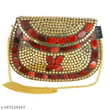 Gold and red metal embellished clutch, party bag, sling bag with gold chain strap