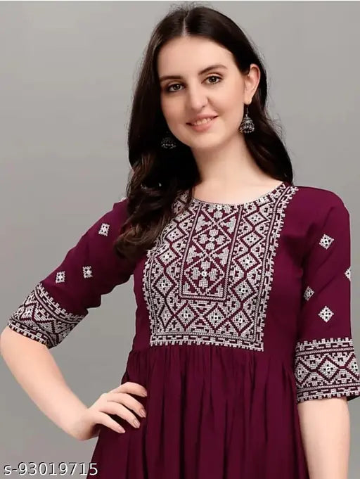 Dark purple embroidered rayon anarkali kurta with short sleeves and front button closure