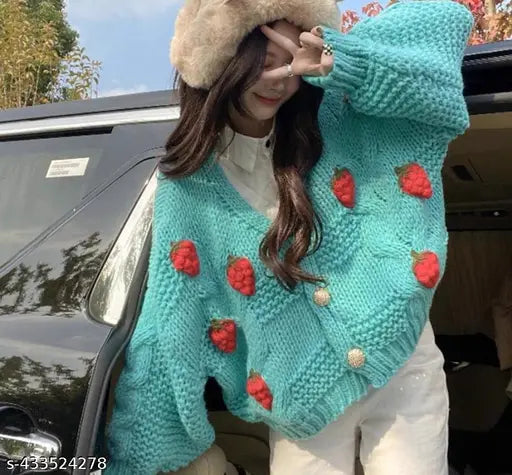 Blue woolen Winter Wear Soft Cozy Strawberry Cardigan for Women with vibrant red strawberry embellishments, hand-washable