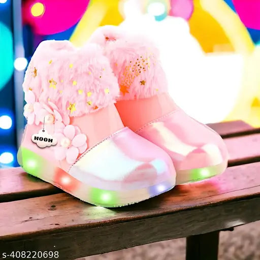 Pink faux leather/leatherette LED light cShoes for summer and winter, embellished flatform design, suitable for partywear, ages 110 years old