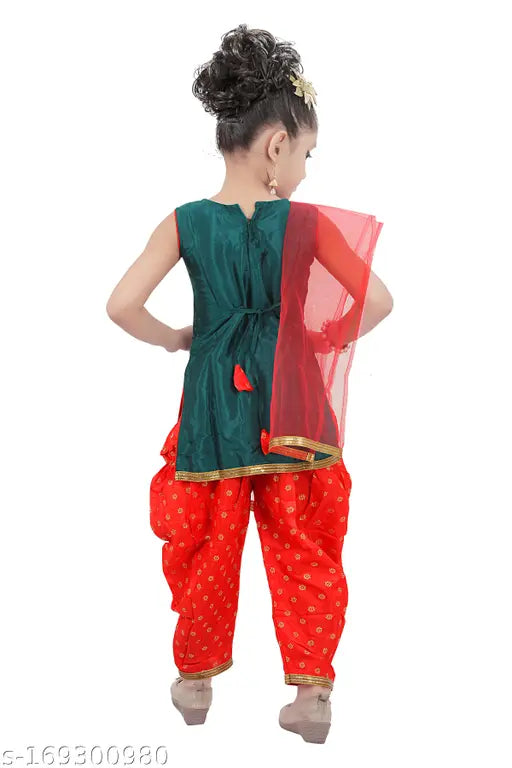 Poly silk Patiala suit for girls, A-line top with embroidered sleeves. Embellished with zari work, suitable for all seasons in sizes 12-18 months to 11-12 years. Made in India