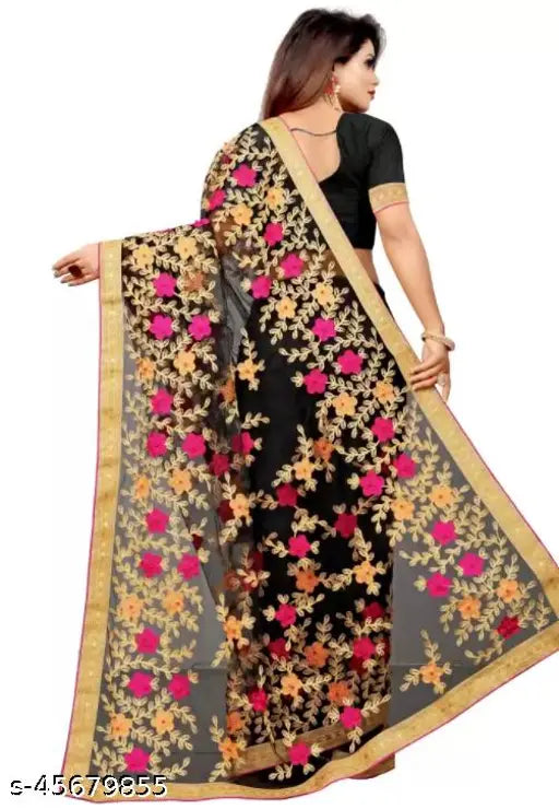 Embroidered net saree with satin silk blouse, featuring beaded flowers and a unique design. Indian hand-embroidered saree for parties or weddings, free size (5.3m saree length, 0.8m blouse length)