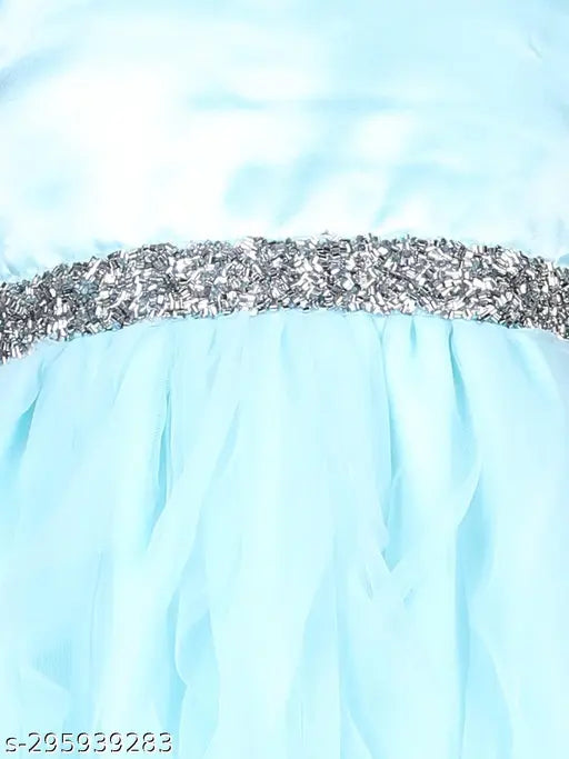 Sky blue knee-length net dress for girls party wear, single size 1-2 years, India origin
