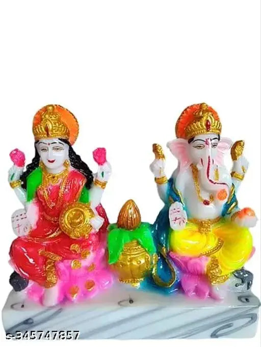 Hand-painted cultured marble Lakshmi Ganesha statues pair, 14 cm tall, exquisite craftsmanship for Diwali Pooja/puja decor