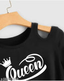 Black Lycra crop top with queen print, short sleeves, trendy and women's size S-XL
