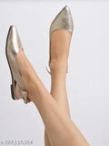 Synthetic ballerinas in golden bellies style for women - Shoetopia slip-on shoes on display stand, India origin